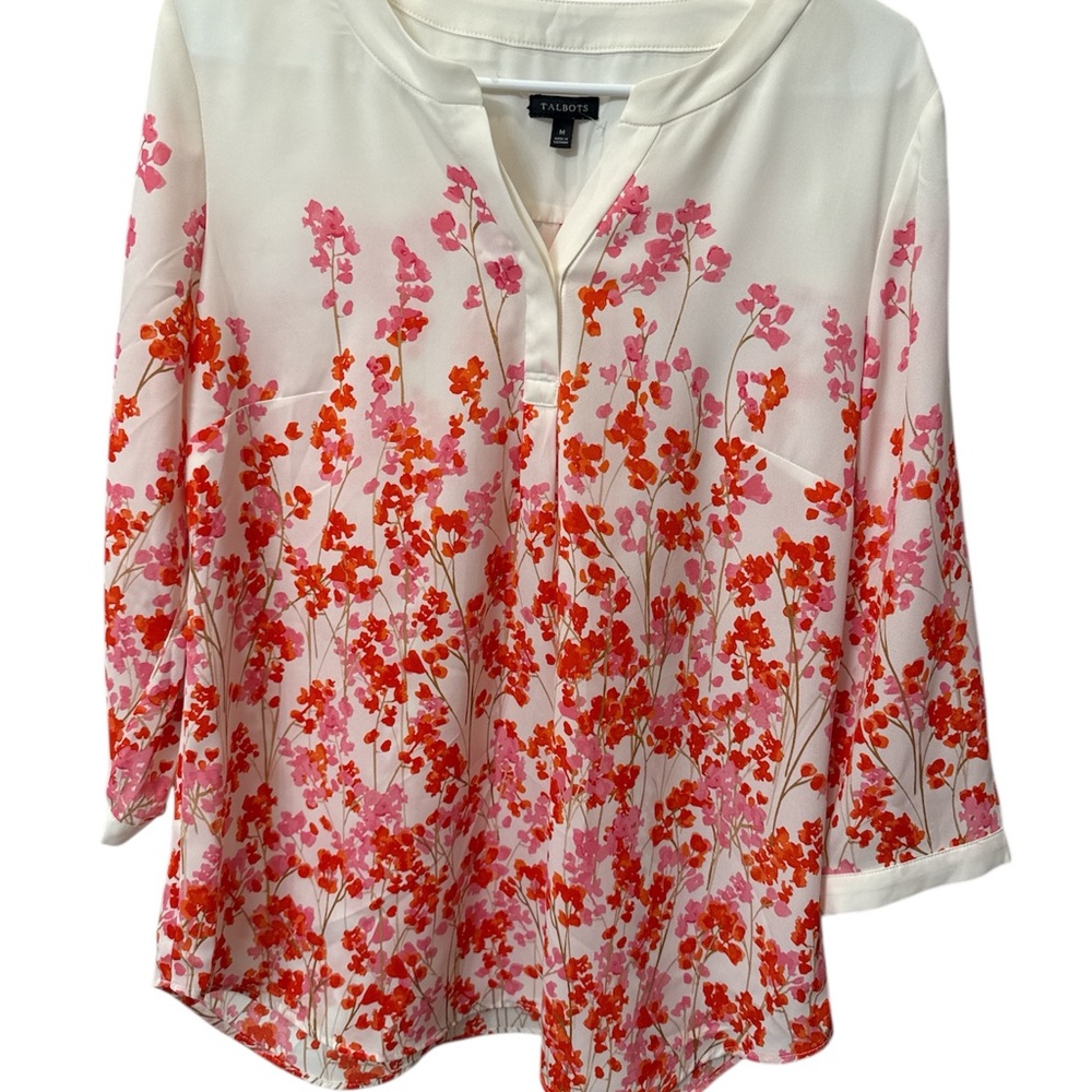 Talbots Women's Blouse - White with Pink and Orange Floral